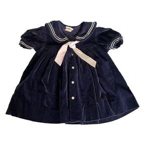 Vintage Cherubs Blue Velvet Sailor Dress - Size 2 Toddler - 100% cotton